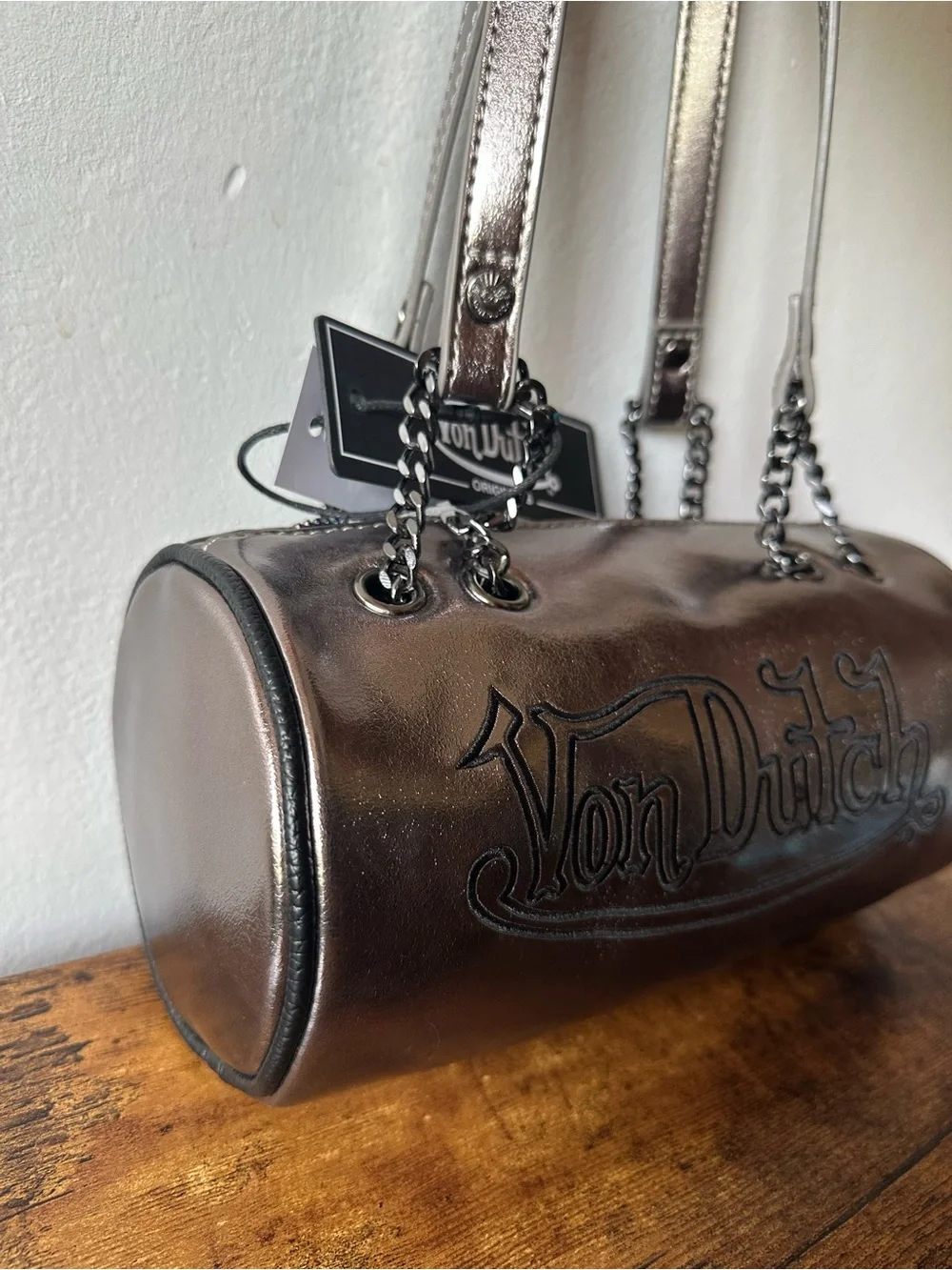 Von Dutch Metallic Barrel Shoulder Bag with Black Embroidered Logo, Chain NWT